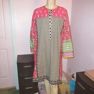Khaadi Pret EMBROIDERED Kurta DRESS Size 16 MIX PRINT Long Sleeves COTTON Light
